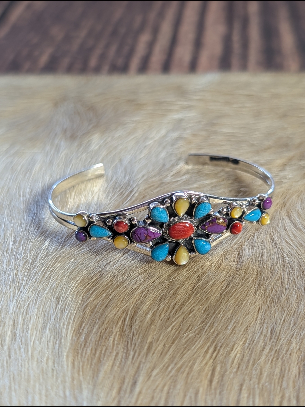 Multicolor Stone Floral Cluster Sterling Silver Cuff Bracelet